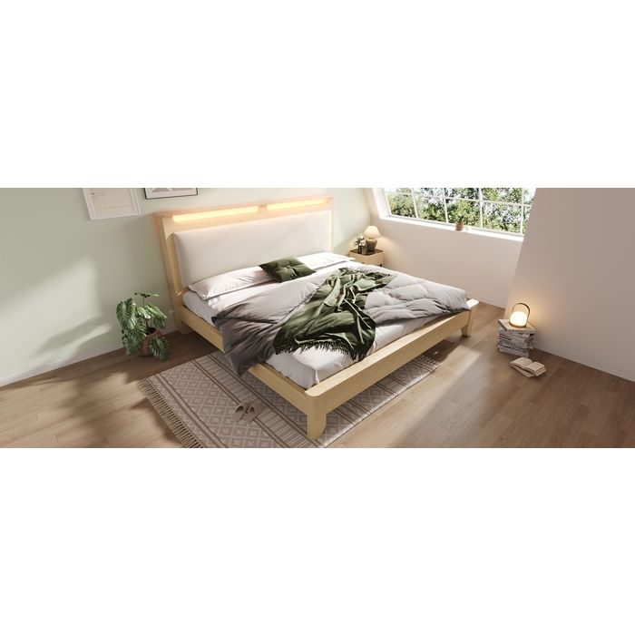 Lit 160x200 cm en chêne clair tête rembourrée en corduroy beige avec niche LED télécommandée