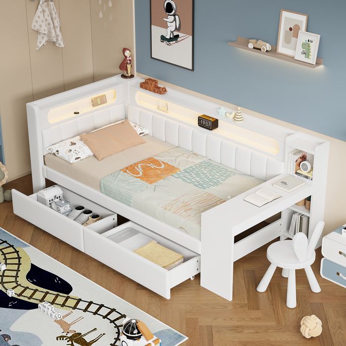 Canapé-lit rembourré 90x200 cm avec éclairage LED et ports USB Lit simple avec bureau et deux tiroirs de rangement Blanc