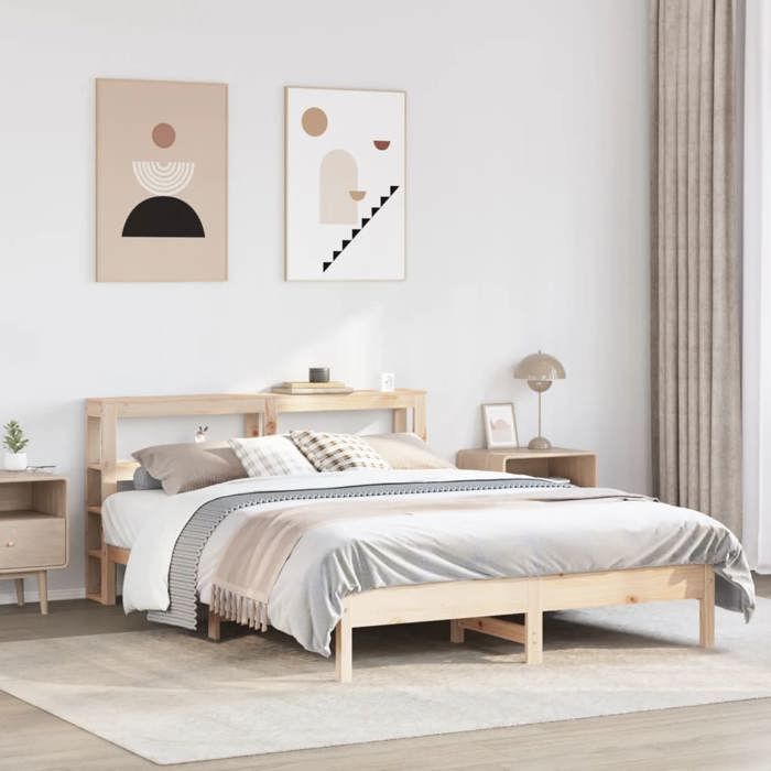 Structure de lit en bois massif - UU - 140x200 cm - Bois de pin massif - Étagères de rangement - Tête de lit