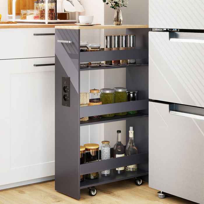 GIANTEX Desserte de Cuisine Étroit à Roulettes- 475x20x805cm- Station de Charge- Chariot de Service à 4 Niveaux- Naturel + Gris