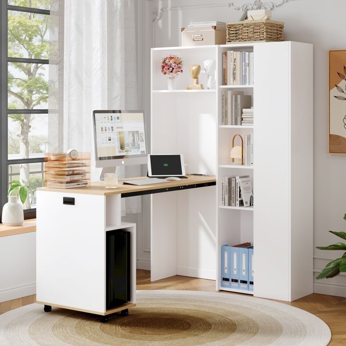 MERAX Bureau Pliant Blanc avec Bibliothèque Meuble Bureau 2-en-1 Gain de Place avec Prise et USB