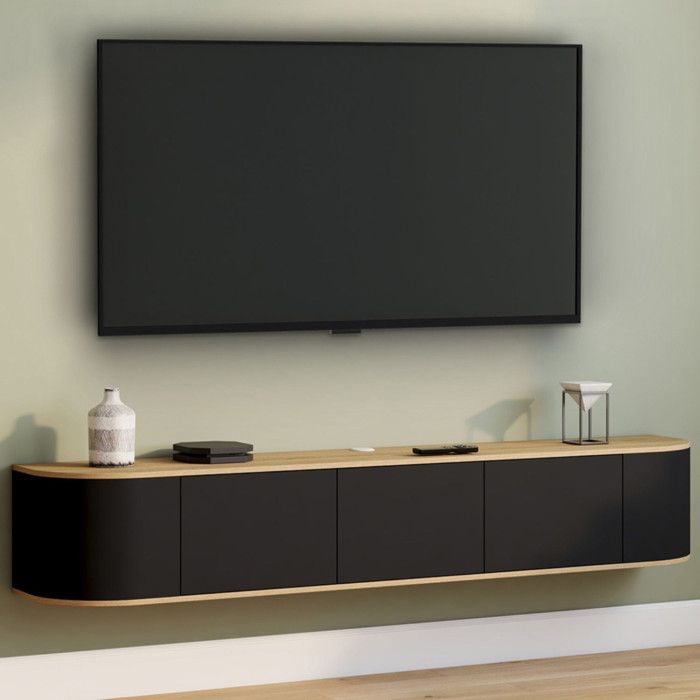 ID MARKET meuble tv LEORA 3 portes et 3 tiroirs 180 cm bois suspendu