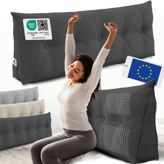 ELONEO coussin dossier lit 140 cm coussin triangulaire de lecture cale-dos avec housse lavable et poche latérale anthracite