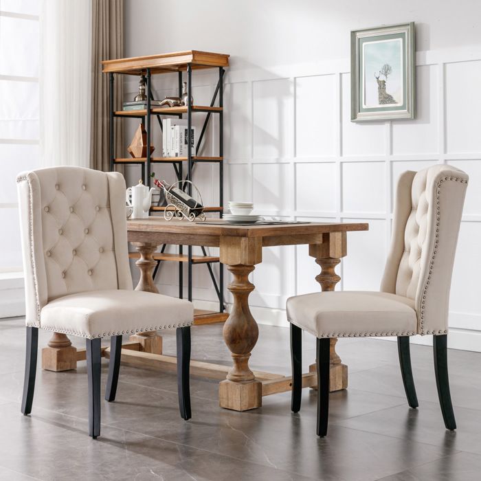 LPOSPI Chaise de salle à manger en velours lot de 2 chaises capitonnées avec dossier haut et pieds en chêne massif beige