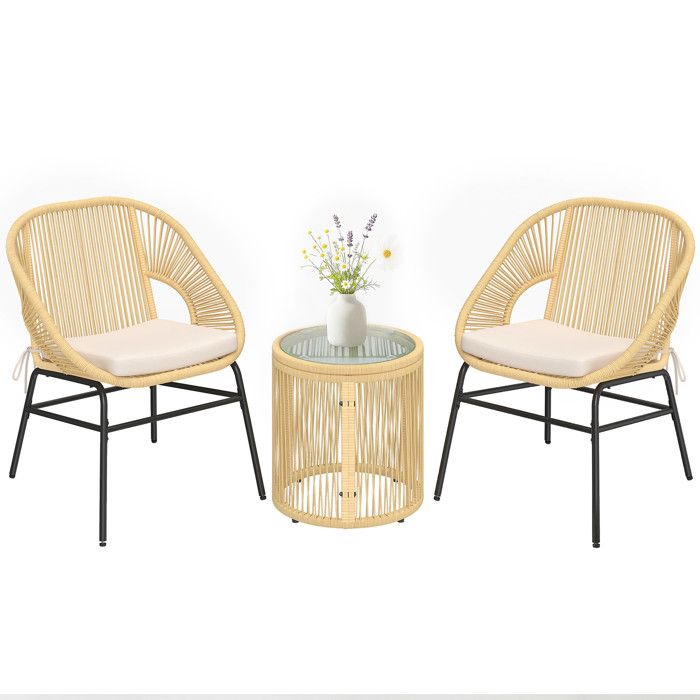 Ensemble bistro - salon de balcon - Outsunny - 3 pièces 2 fauteuils confortables et table en verre trempé - résine tressée - beige Ensemble bistro - salon de balcon - Outsunny - 3 pièces 2 fauteuils confortables et table en verre trempé - résine tressée - beige