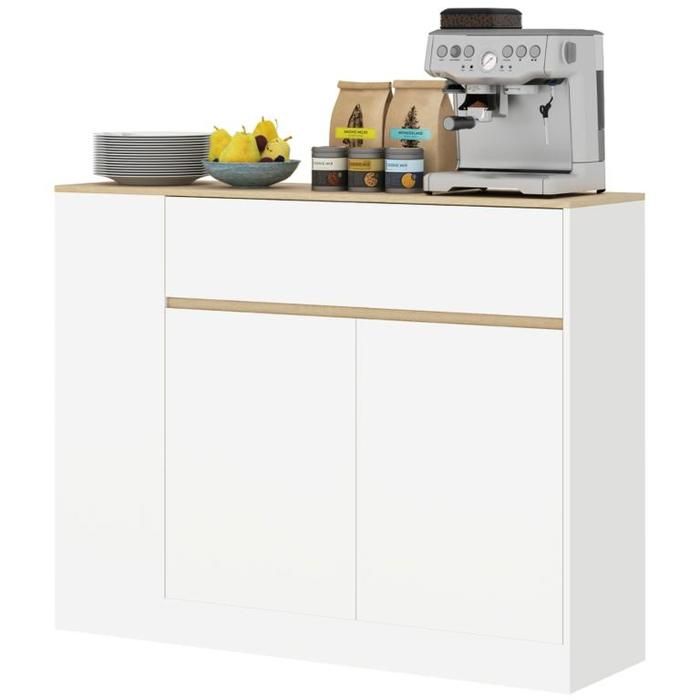Buffet bas 105x30x81.5 cm avec tiroir et étagère réglable Buffet de cuisine avec dispositif anti-basculement Buffet salon en blanc