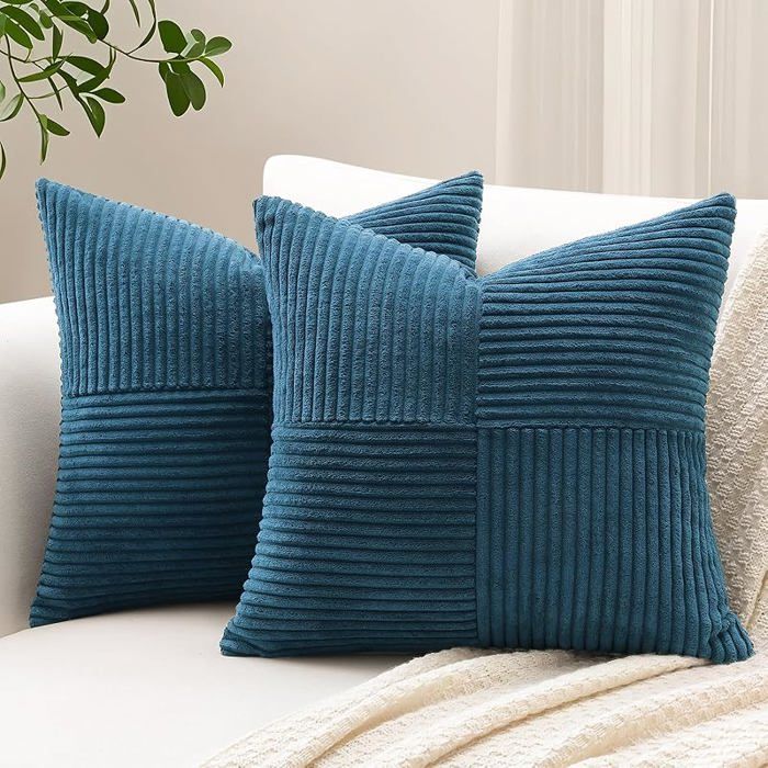 Lot de 2 Housse de Coussin 45x45 cm en Velours Côtelé Housse Coussins Patchwork à Rayures Croisées 45 x 45 cm BLE HOUSSE DE COUSSIN
