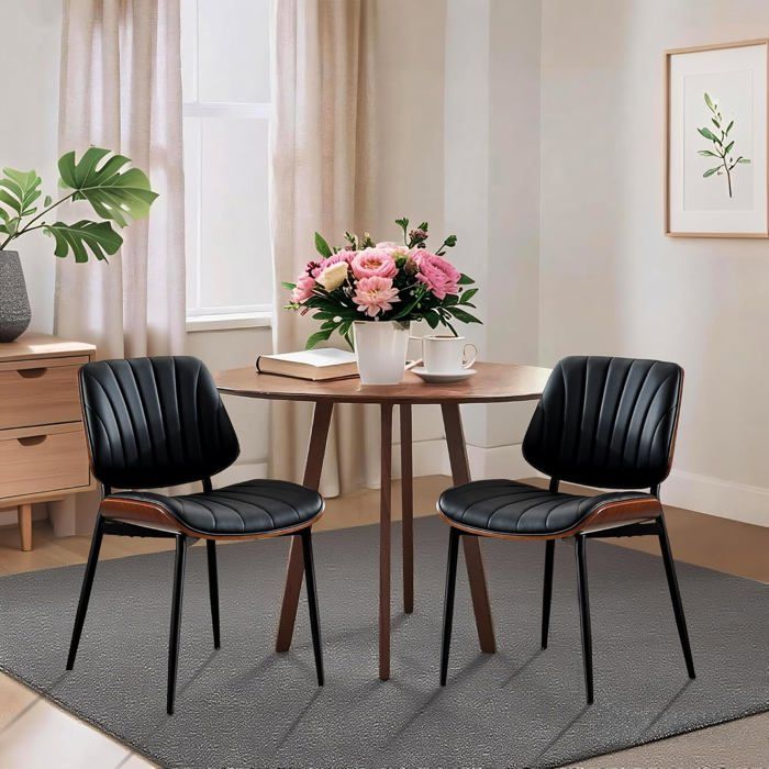 CHAISE-Lot de 2 chaises de salle à manger modernes chaises de cuisine dossier en noyer assise rembourrée en cuir PU noir