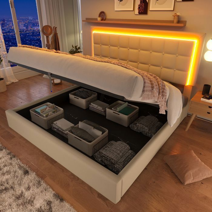 Lit Coffre Rembourré - 180 x 200 cm - avec LED - Sommier à Lattes - Simili Cuir Blanc - Merax Lit Coffre Rembourré - 180 x 200 cm - avec LED - Sommier à Lattes - Simili Cuir Blanc - Merax
