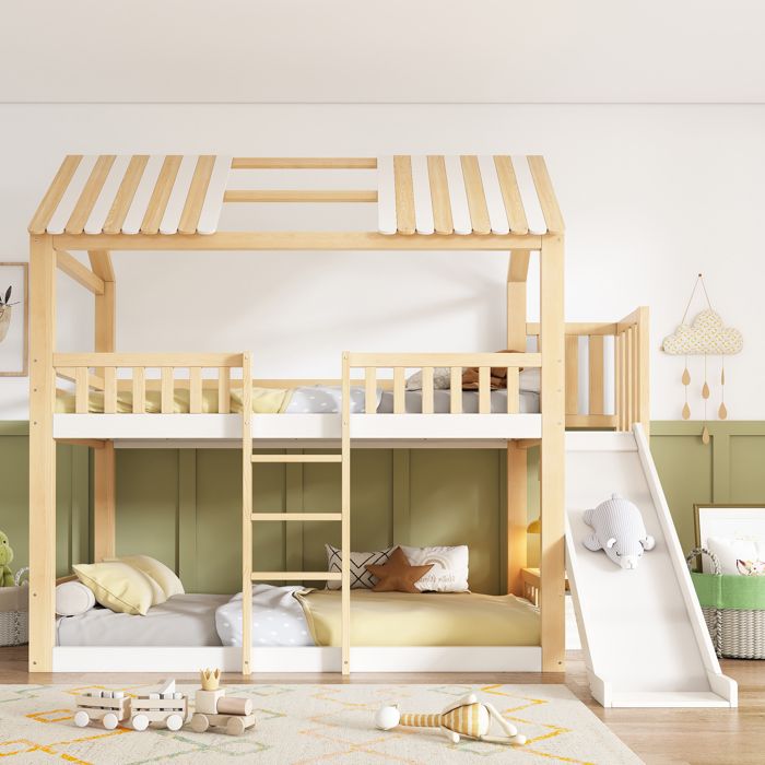 Lit superposé enfant - LEMONBEST - Toit à pignon - 90x200 cm - Toboggan 35 cm et étagère - Bois naturel/blanc