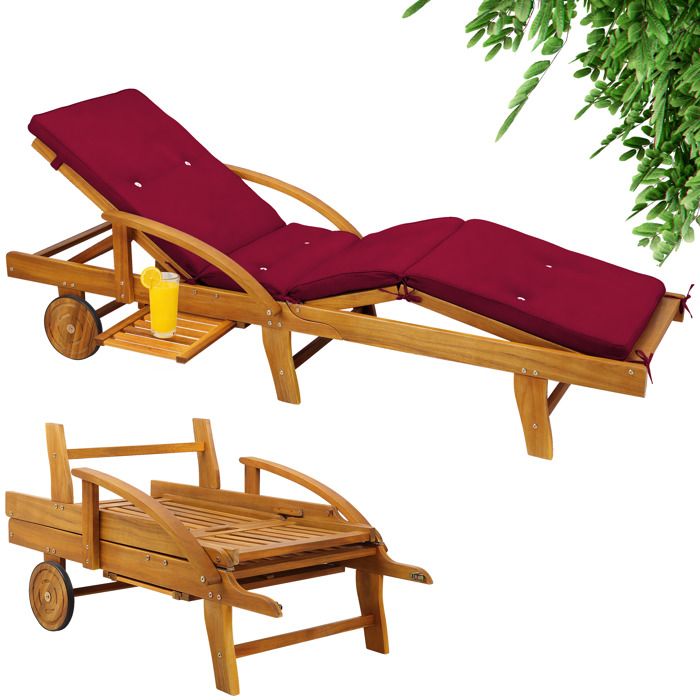 CASARIA® Bain de soleil en bois dacacia avec coussin housse rouge inclus jardin balcon exterieur chaise longue ergonomique