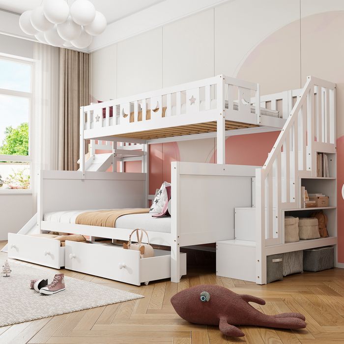Lit superposé enfants - Dimensions 90x200 cm et 140x200 cm - Toboggan et échelle de sécurité - Grand espace de rangement
