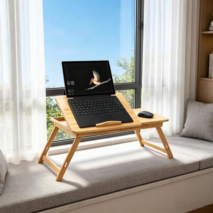 Table de Lit Pliable en Bambou pour PC Portable Inclinable pour Fenêtre de Toit et Canapé Plateau de Service Petit-Déjeuner