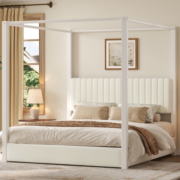 Lit rembourré 180 x 200 cm lit double avec baldaquin tête de lit structure métallique velours beige + blanc