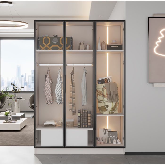 ELVORIN Armoire blanche 110 x 50 x 160 cm 3 portes en verre 1 tiroir penderie éclairage LED