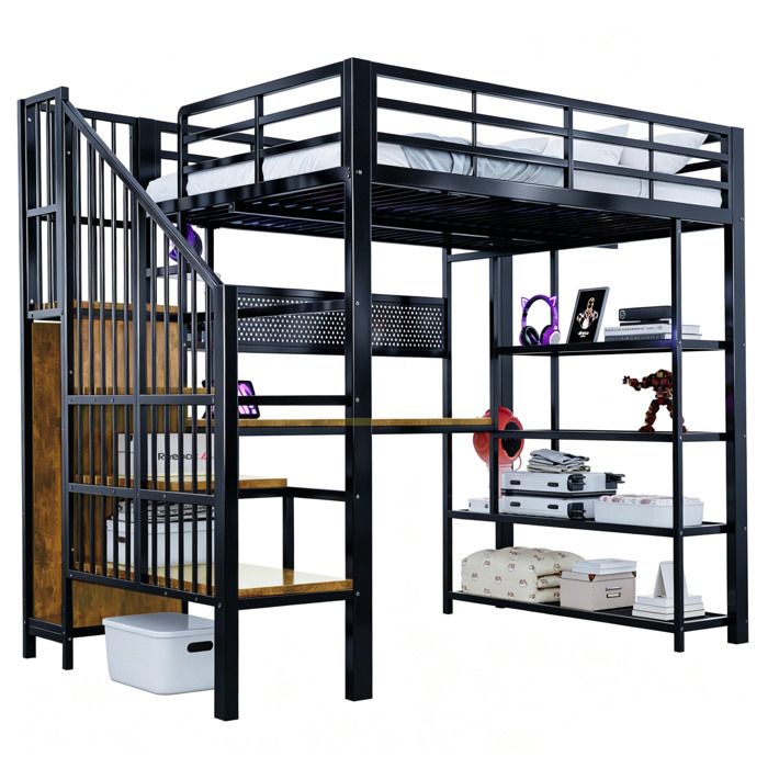 Lit en hauteur métal 140x200 bureau long paroi à trous garde-corps haut rangements LED prises EU noir