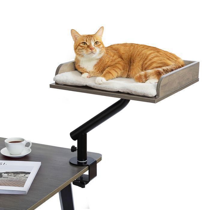 PAWZ Road Lit pour Chat de Bureau en Bois Panier Pivotant À 360° Réglable en Hauteur Support Jusquà 23 Kg Gris