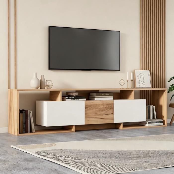 Meuble TV L 180 cm avec porte coulissante 3 étagères ouvertes adapté aux téléviseurs de 85 pouces et moins blanc + bois naturel