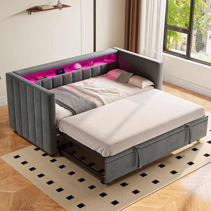COVREO Canapé-lit 90 x 190 cm extensible avec LED USB Type-C étagère intégrée velours gris foncé