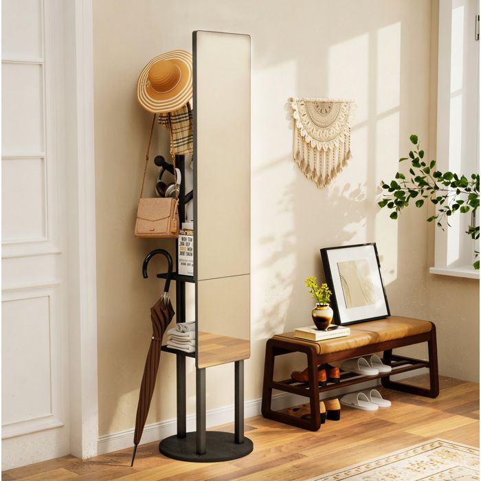 Porte-manteau sur pied miroir plein pied rotatif 360° avec étagères et patères noir 40 x 40 x 174 cm ORVRYN