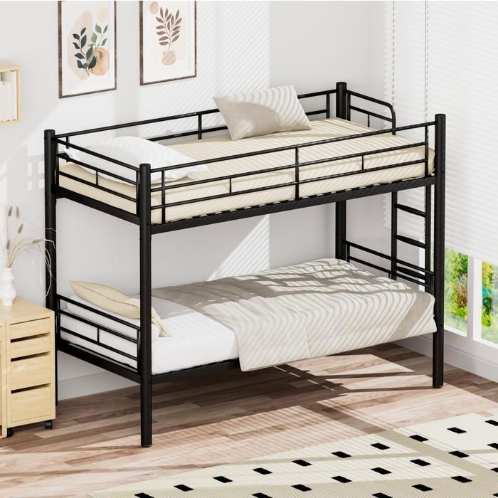 DESVIAE Lit superposé 90x200 cm convertible en 2 lits simples métal noir avec échelle et barrières