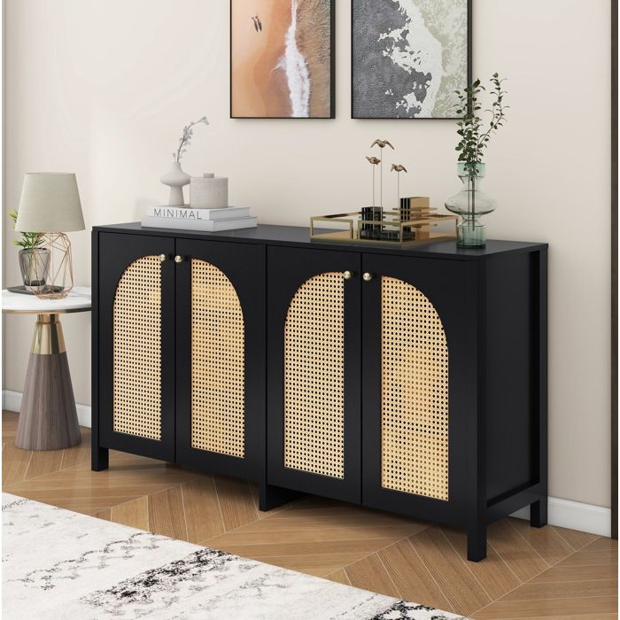 Buffet bas 4 portes cannage rotin PE noir 145 x 40 x 80 cm en MDF et panneaux de particules ORVRYN