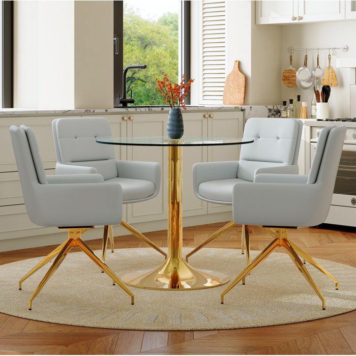 Table de Salle à Manger Ronde avec 4 Chaises Pivotantes 360° en Verre Trempé - ELVMI - Métal Doré Salle à Manger