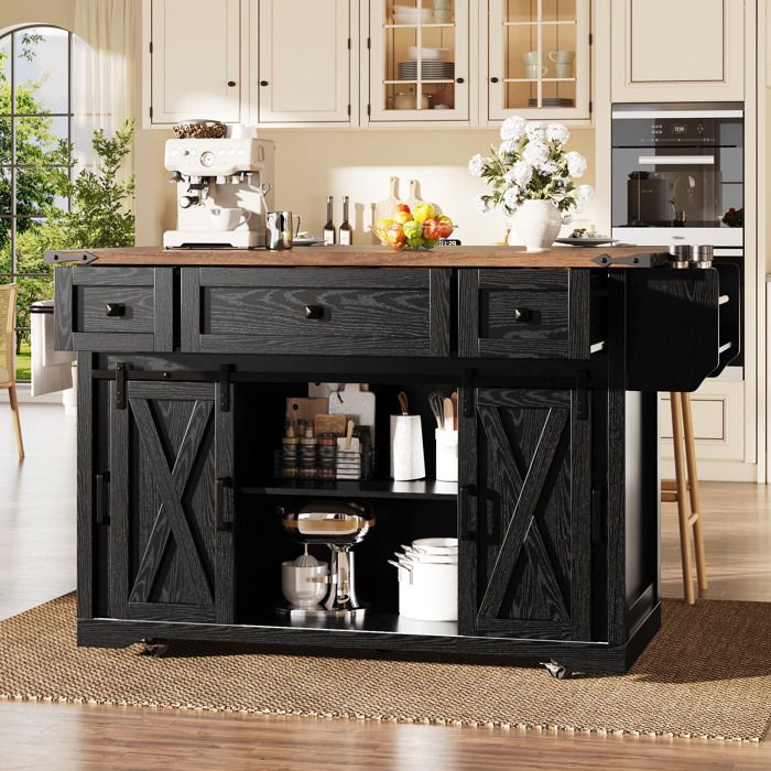Desserte de cuisine 3 Tiroirs Plan Extensible et Prises USB - ELVMI - Portes Coulissantes Noir 1202×75×915 cm