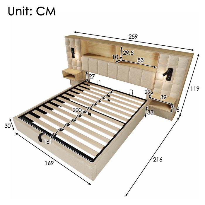 Lit coffre capitonné 160x200 cm beige tissu lin avec LED lampes lecture tables chevet USB-C et sommier inclus