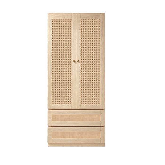 Armoire haute 70x55x170cm MDF Bois double porte rotin + rangement spacieux. Tiroirs inclus. Design moderne Chambre salon