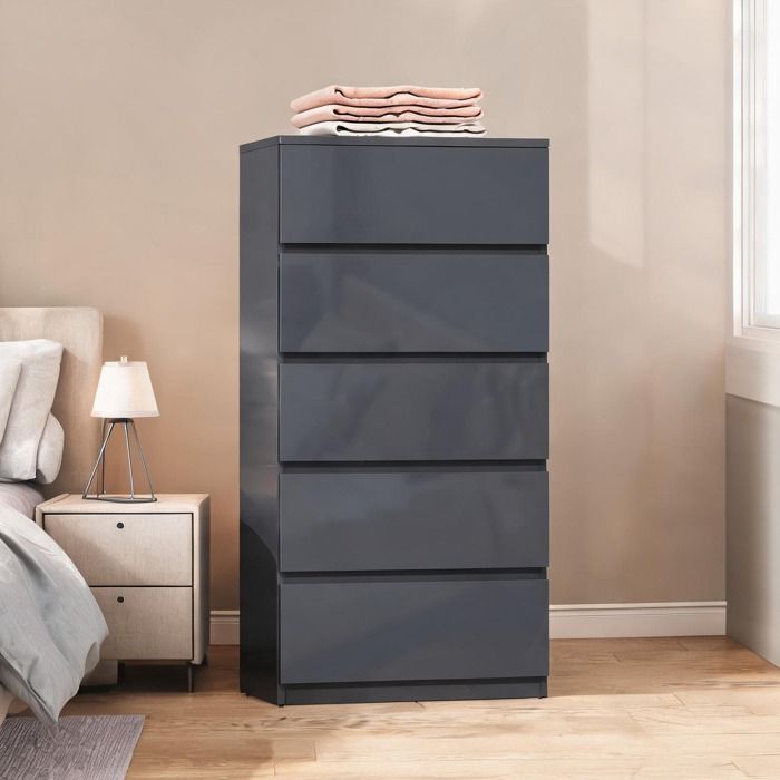 Commode design 5 tiroirs laquée gris brillant fermeture amortie 53 x 34 x 100 cm