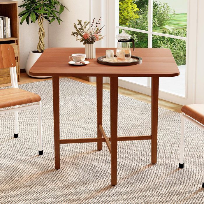 Table pliante 2-4 pers bois caoutchouc 2 rabats pieds X robustes gain de place noyer