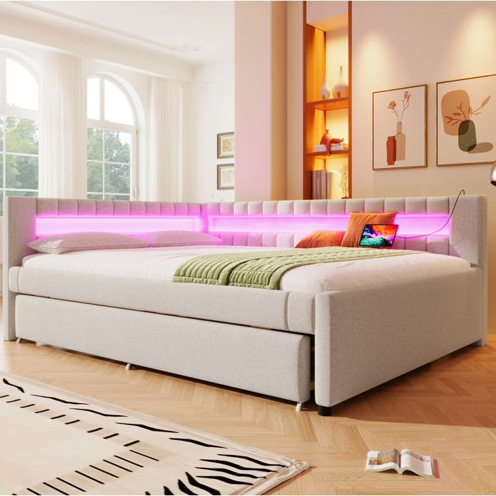 Lit gigogne daybed AESVAR 140 x 200 cm avec lit tiroir 90 x 190 cm LED USB Type-C beige