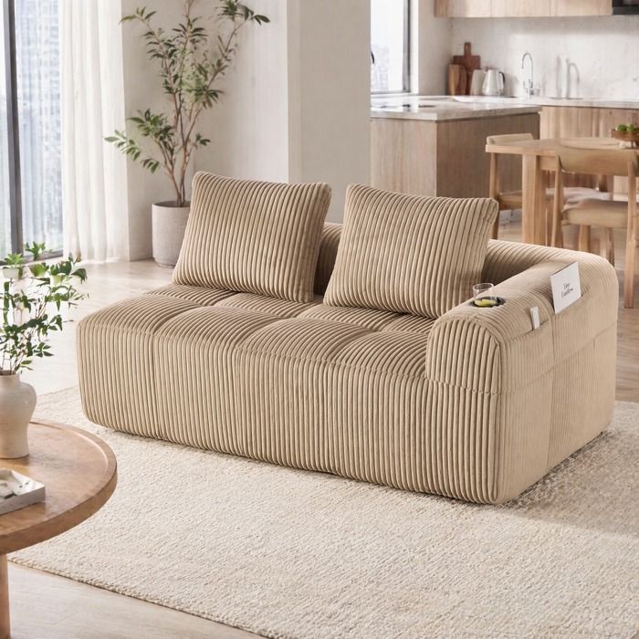 COVREO canapé fixe 2 places 158 x 93 x 61 cm velours côtelé kaki avec poche latérale et porte-gobelet