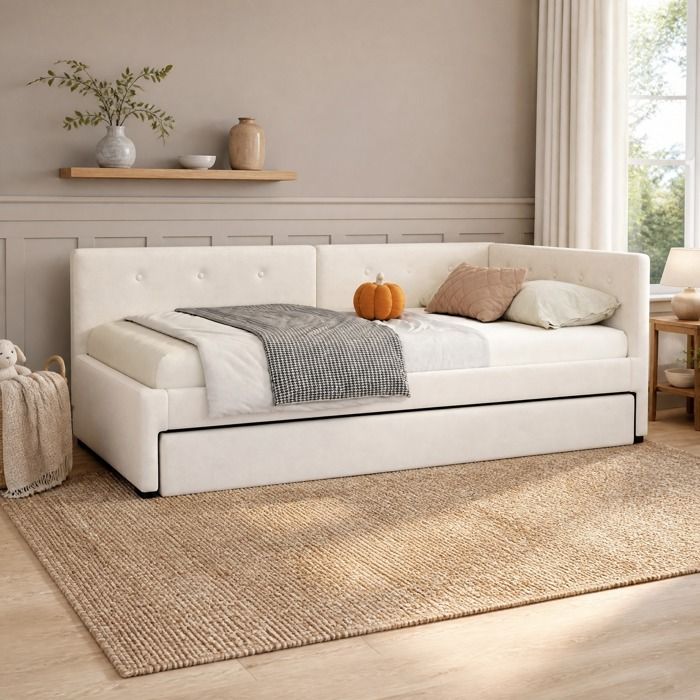 Lit banquette - ZEVKOR - 90×200 / 90×190 - gigogne - velours beige - sans matelas