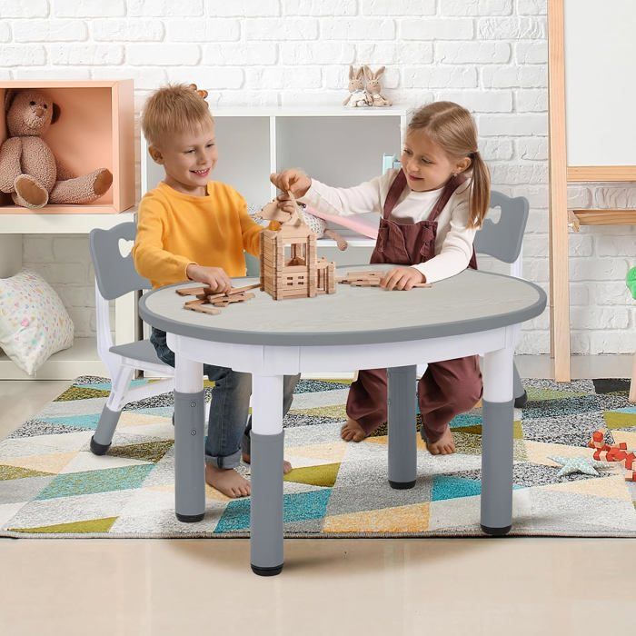 Table pour Enfant avec 2 pcs Chaises Table et Chaise Enfant Réglable en Hauteur Bureau Enfant Table à Manger Plastique Gris