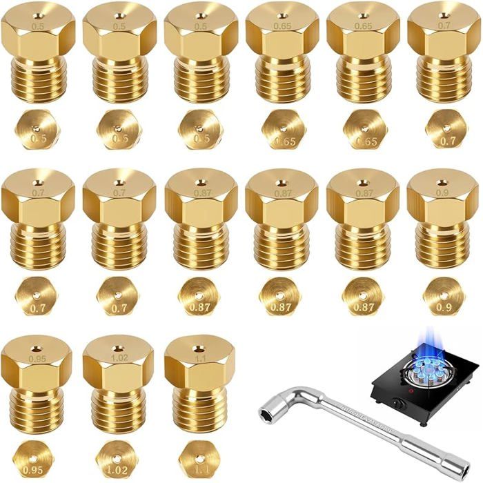 15 Pièces Gicleur Gaz Butane Universels avec Clé Montage L7mm Injecteurs Laiton 0.5/0.65/0.7/0.87/0.9/0.95/1.02/1.1 mm Gazinière