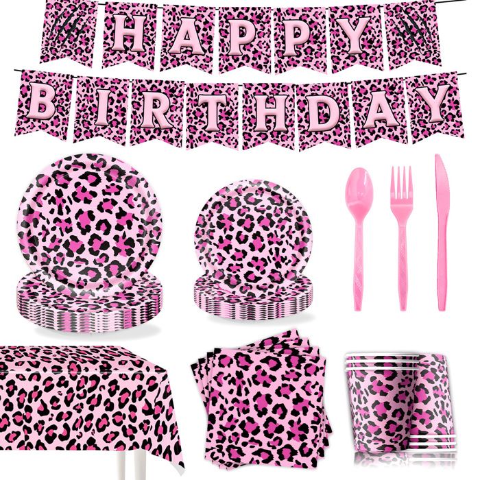 Kit de décoration anniversaire - Thème à motif léopard rose -  9 pieces assiettes gobelets serviettes nappe couverts guirlande