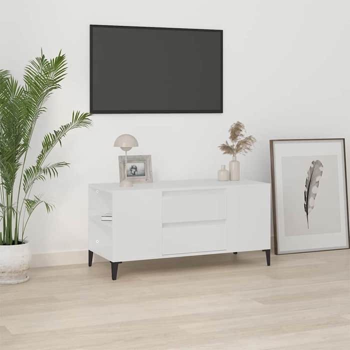 Meuble HIFI - Meuble TV Blanc 102 x 44 5 x 50 cm en bois dingénierie et métal avec 2 tiroirs pour Salon 139186