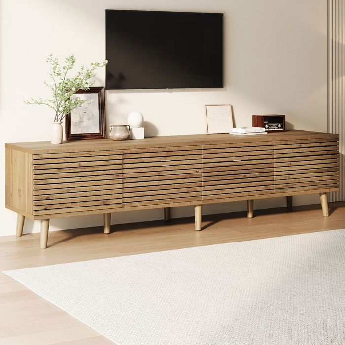 Meuble TV 180 x 40 cm - MERAX - Banc TV - avec 4 Portes à Lattes Push-to-Open - en Effet Bois Naturel - pour TV jusqu’à 75 Pouces Meuble TV 180 x 40 cm - MERAX - Banc TV - avec 4 Portes à Lattes Push-to-Open - en Effet Bois Naturel - pour TV jusqu’à 75 Pouces