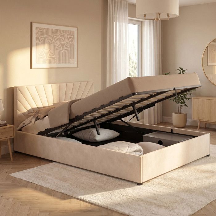 Lit coffre double avec tête de lit matelassée et sommier 140x190 cm velours beige