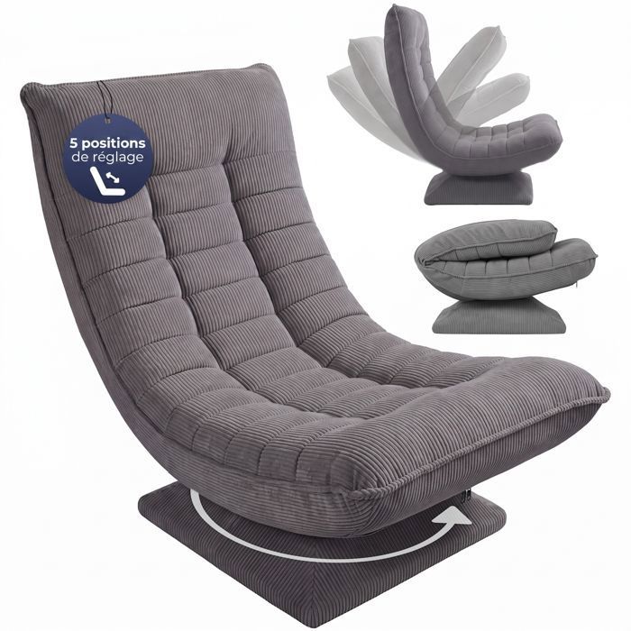 CASARIA Fauteuil tout confort pivotant 360 degrés velours côtelé gris CASARIA Fauteuil tout confort pivotant 360 degrés velours côtelé gris