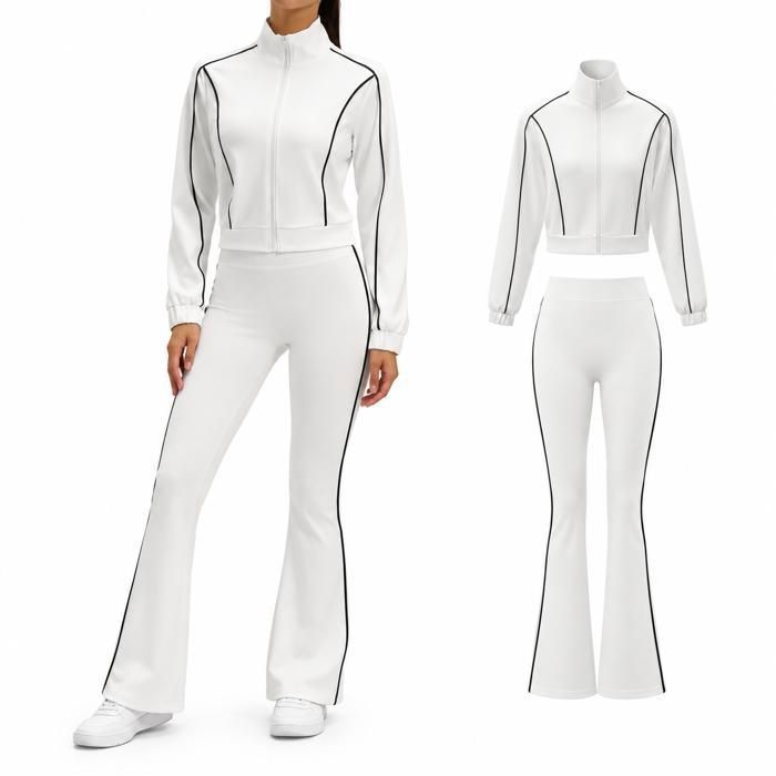 Ensemble sport femme AProsp 2 pièces veste zippée + pantalon évasé liserés contrastés S-2XL blanc-jx2