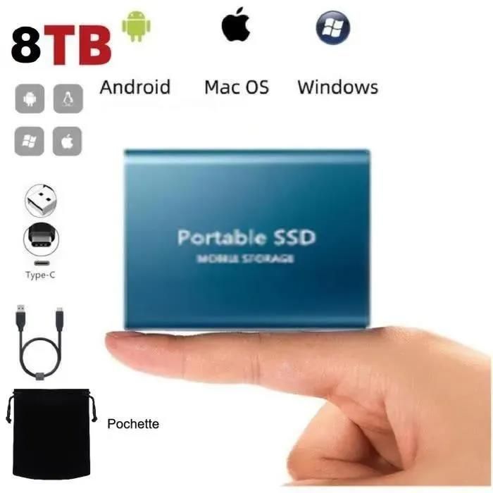 Disque SSD Mini Disque Dur Externe Portable 8TB 8To Bleu Type-C avec Pochette Sac de Stockage en Tissu Noir Disque SSD Mini Disque Dur Externe Portable 8TB 8To Bleu Type-C avec Pochette Sac de Stockage en Tissu Noir