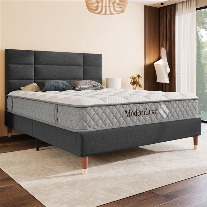 Lit capitonné 140x200 gris foncé lin avec sommier à lattes lit adulte ado design moderne sans matelas Lit capitonné 140x200 gris foncé lin avec sommier à lattes lit adulte ado design moderne sans matelas