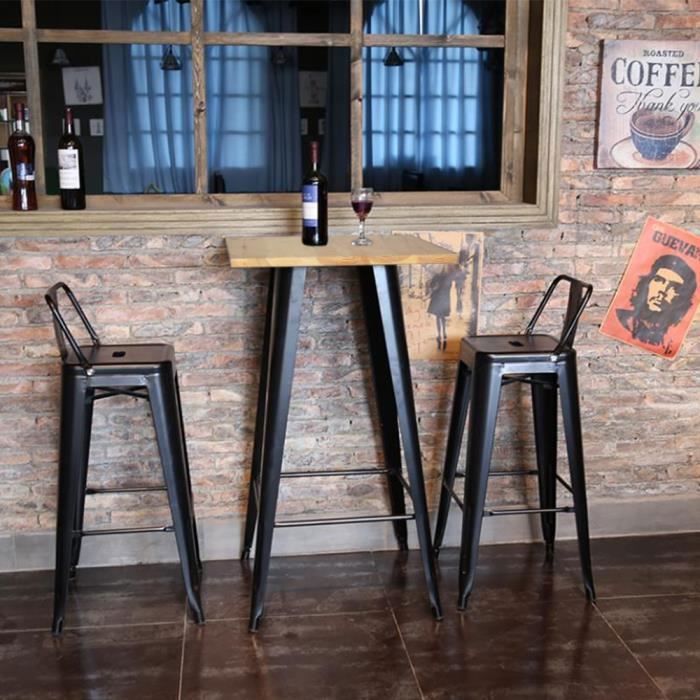Table Haute de Bar YIS - Carré 60 cm - Style Industriel - Noir/Chêne