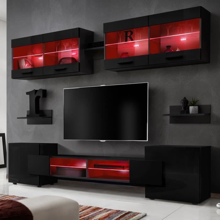 Ensembles de meubles TV Foggia Komodee - LED RGB - Noir Brillant - L235cm x H195cm x P35cm
