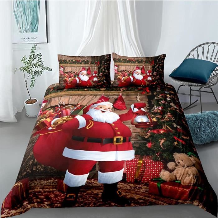 Housse De Couette Père Noël - 140x200 Cm - Design Réversible Rouge/Gris - Étoiles Phosphorescentes - Enfants - Noël