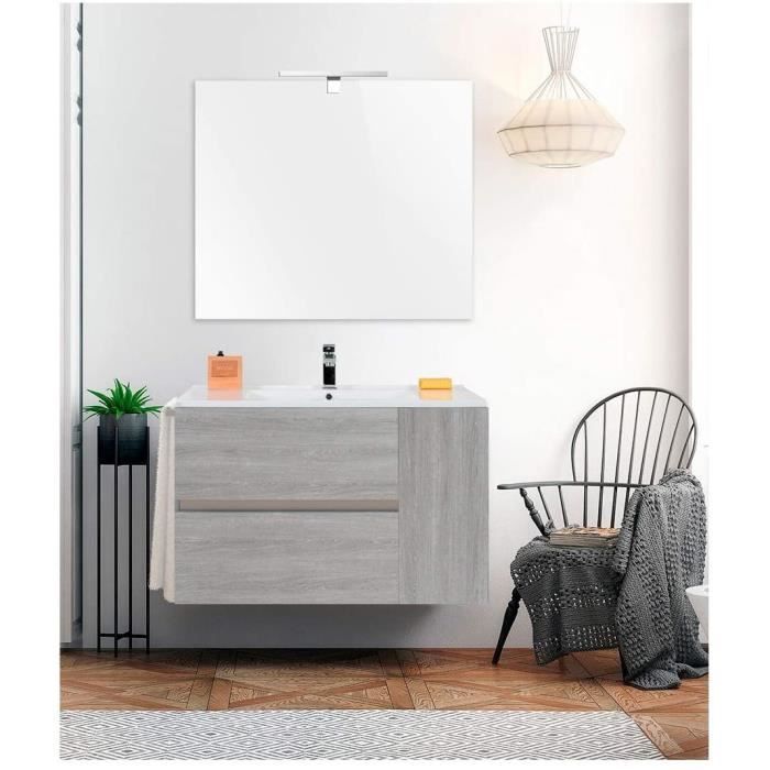 meuble de salle de bain suspendus heimdall 100cm chêne smoky avec plan vasque et miroir