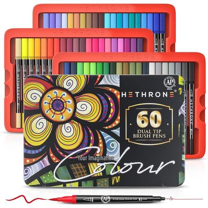 120 noir Hethrone Feutre Coloriage Adulte Enfant 120 Couleurs Feutres Pinceaux Aquarelle Double Pointe pour Dessin Bullet Journal Calligraphie Art Mandalas